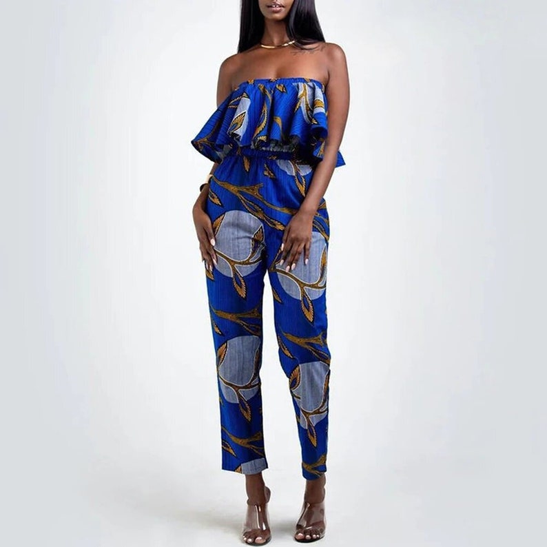 Women African Print Off Shoulder Ruffles Long Jumpsuit African Jumpsuit Dark Blue