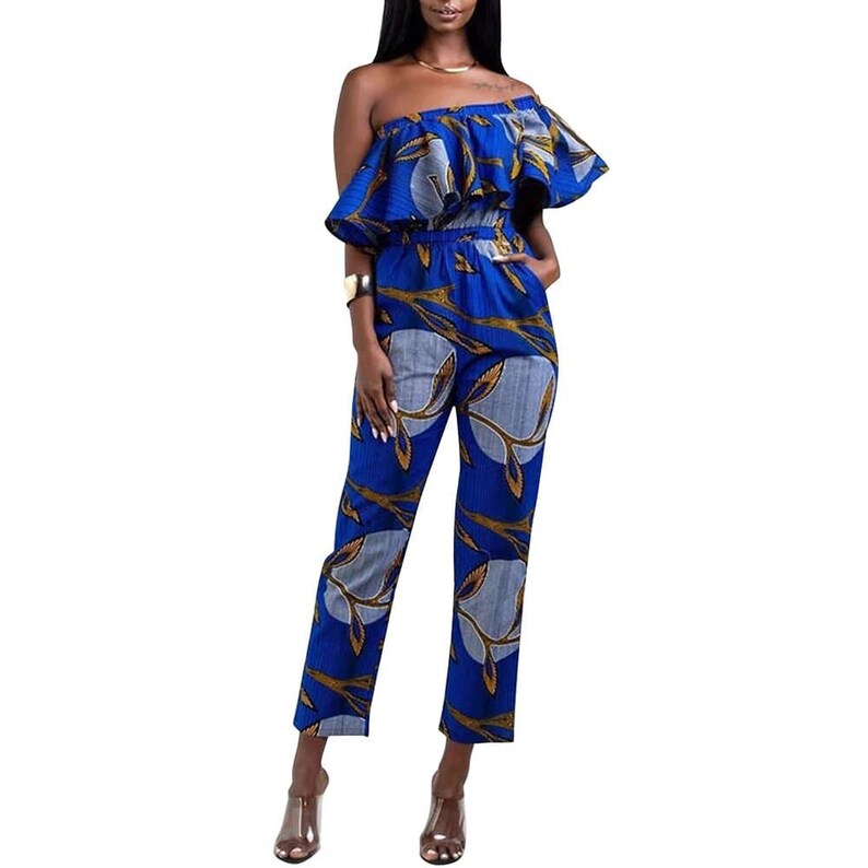 Women African Print Off Shoulder Ruffles Long Jumpsuit African Jumpsuit Dark Blue