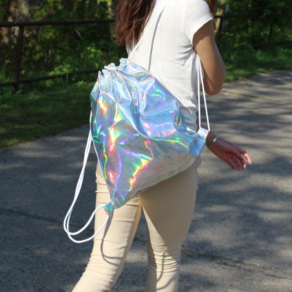 LARGE Holographic Laser Leather Silver Gym Bag - hannisch