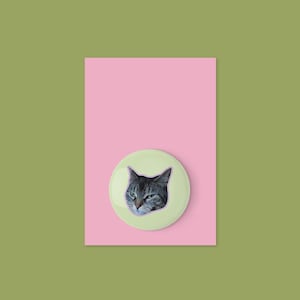 Könnte beinhalten: Ein Ansteckbutton mit einem Nahaufnahme-Gesicht einer grauen Tabby-Katze auf einem hellgrünen Kreis. Der Button befindet sich vor einem rosa Rechteck, alles auf einem grünen Hintergrund.