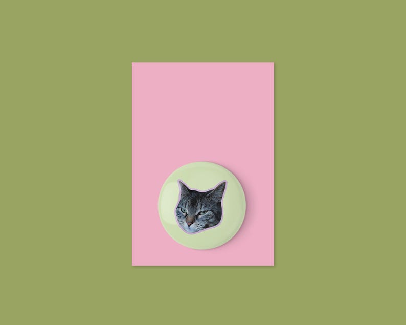 May include: A button pin featuring a close-up of a gray tabby cat's face on a light green background. The pin is set against a pink rectangle, all on a green background.