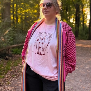 Könnte beinhalten: Ein hellrosa T-Shirt mit einer dunklen Grafik eines Lamas, umgeben von Sternen und dem Text "LLAMA!", getragen unter einem pink-dunkelroten karierten Kapuzenpullover mit Reißverschluss, einem langen, regenbogenfarbenen Schal und einer Sonnenbrille.