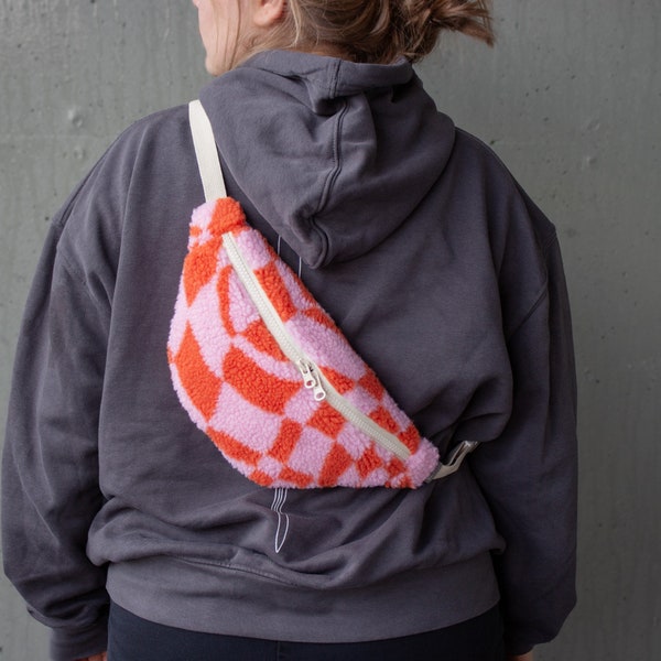 Plush Pink Orange Check Bum Bag - Hannisch