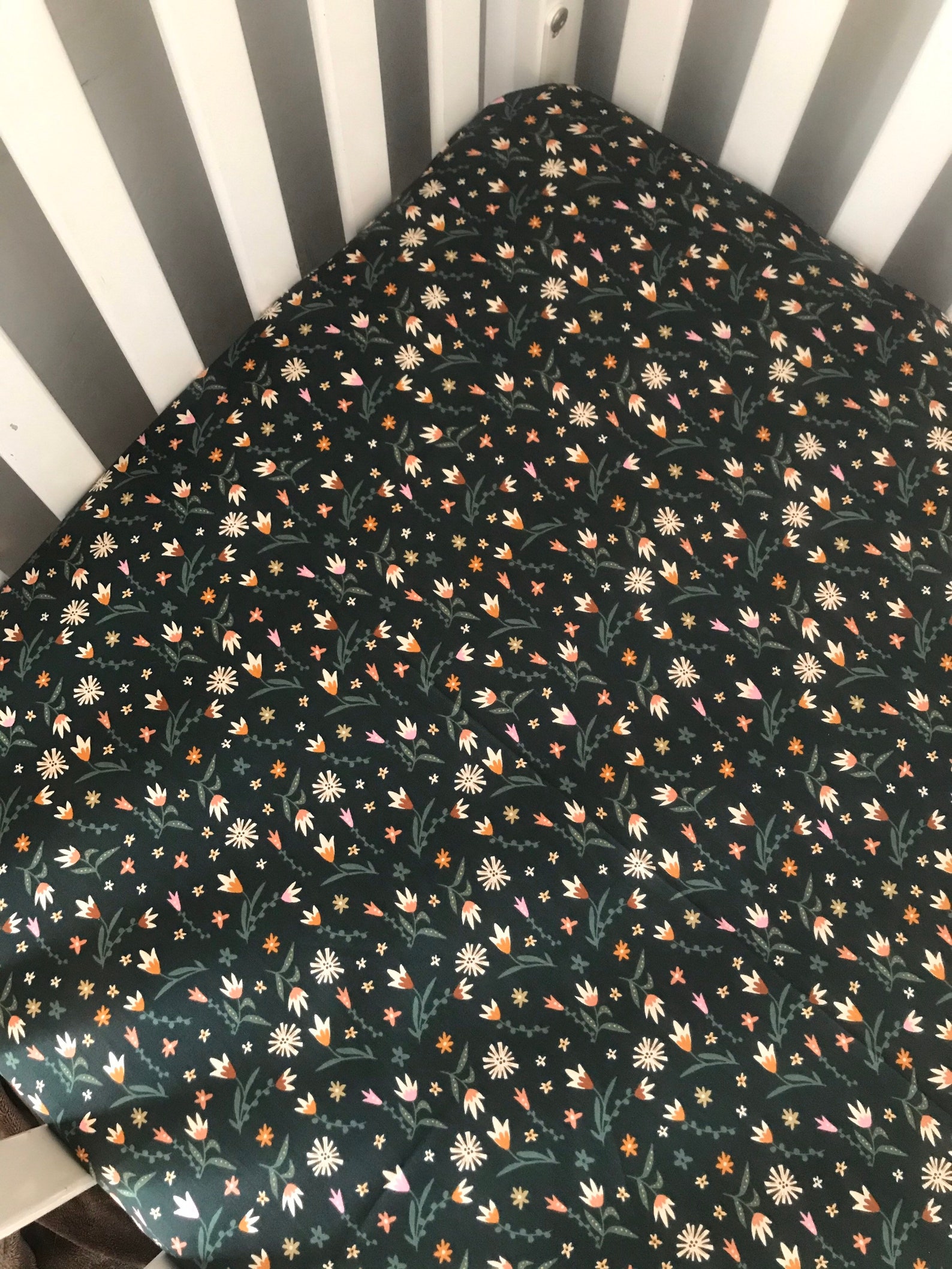 Dark Green Mini Floral Crib Sheet Baby Girl Bedding Fitted - Etsy