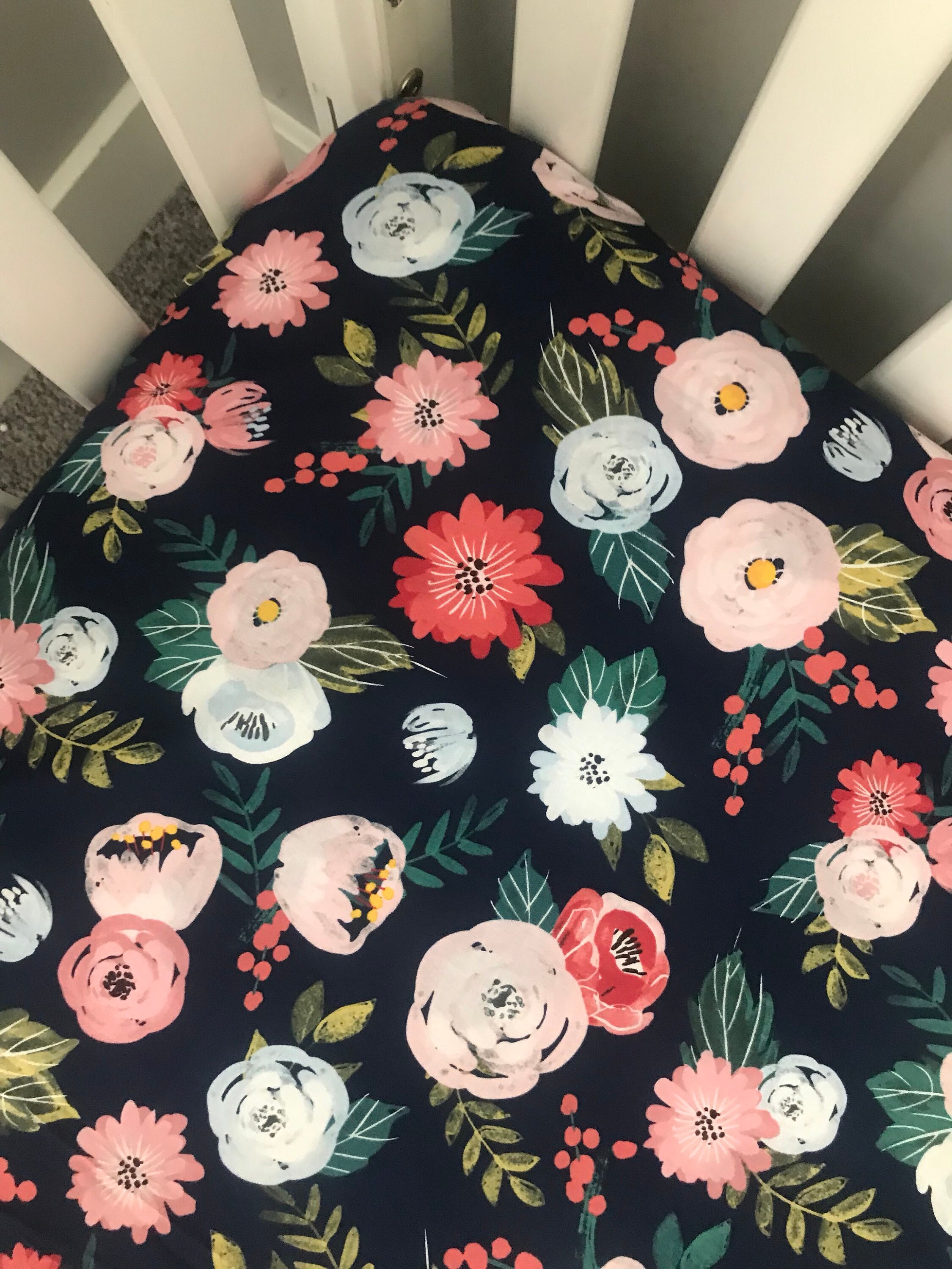 Navy Floral Fitted Crib Sheet Baby Girl Bedding Flower Etsy