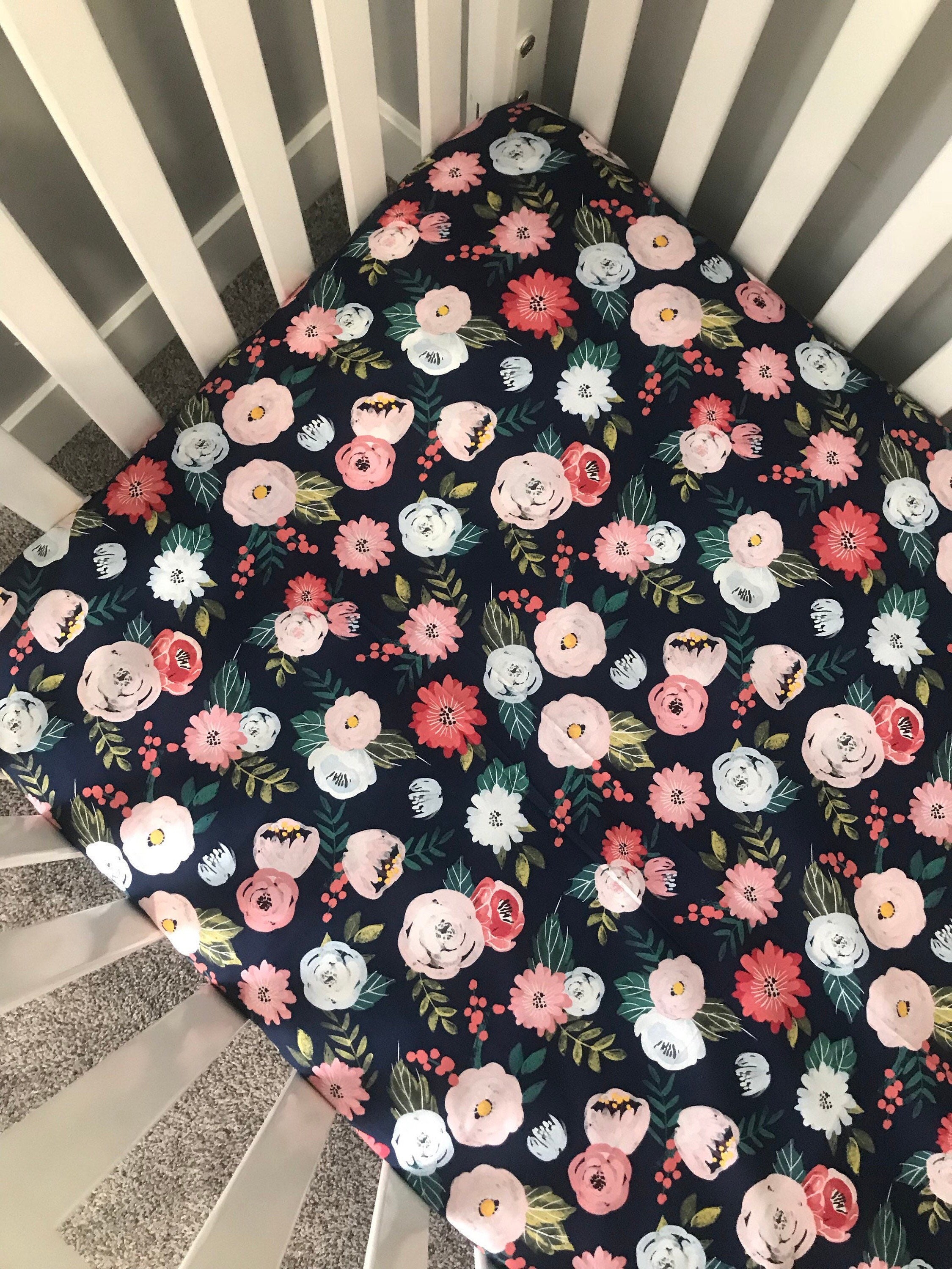 Navy Floral Fitted Crib Sheet Baby Girl Bedding Flower Etsy
