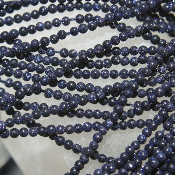 Blue Goldstone Beads 2mm 14 In Full Strand, Round Dark Blue, Man Made Faux Stone Beads, Smooth Blue Goldstone, Midnight Blue With Sparkle,