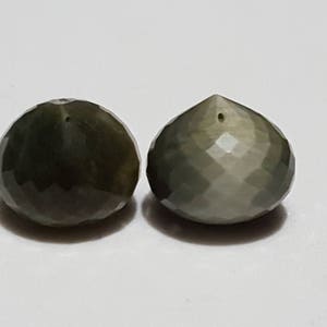 One Matched Pair Natural Chrysoberyl, Green Cats Eye Faceted Onion Beads, Great Matched Pair
