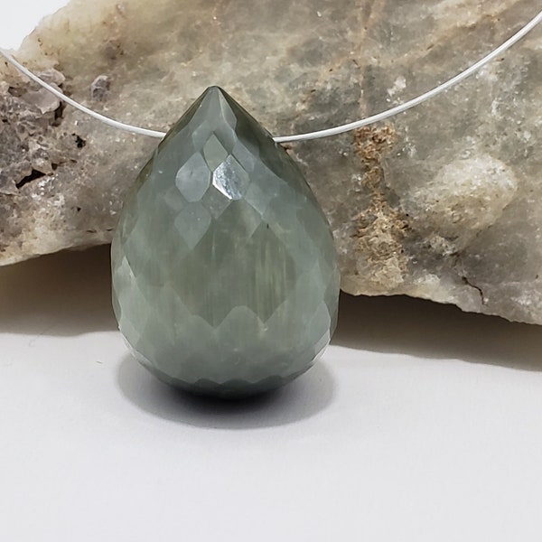 Natural 18.6ct. Green Cymophane Chrysoberyl Faceted Teardrop Gemstone Bead 17.6mm x 13.2mm Green Cats Eye Good Quality Untreated Stone