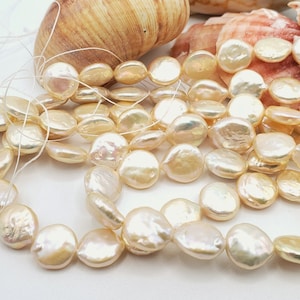 Freshwater Pearl Coin Beads Full strand, 9.5-10mm, Freshwater Pearl Peach Color, Beautiful Iridescent Natural Color, Great Luster