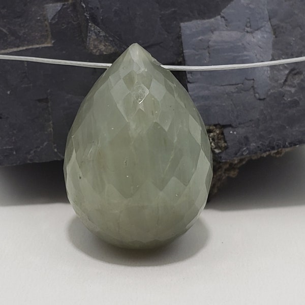 Natural 14.9ct. Green Cymophane Chrysoberyl Faceted Teardrop Gemstone Bead 16.5mm x 11.9mm Green Cats Eye Good Quality Untreated Stone