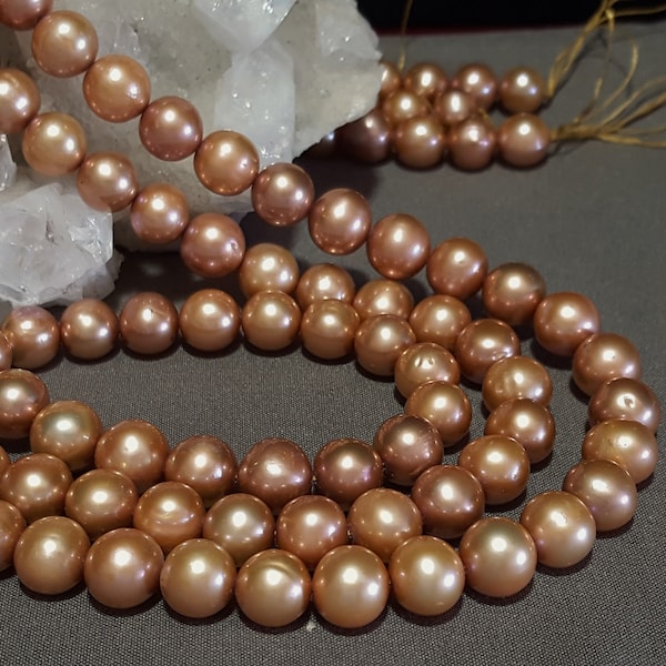 Freshwater Pearl Tan Color Beads 8.5mm To 9.5mm 16" Full Strand, Vibrant Metallic Tan Pearls, Near Round Pearls, Genuine Pearl,