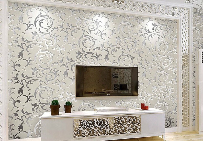 European Luxury Silver Cream White Wallpaper Textured Etsy