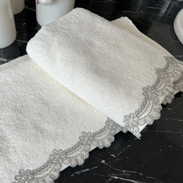 Sara Lace Towel Set | Luxury Decorative Towel | Lace Embroidered Towel | Elegant Towel Set | Decorative Stylish Towel | White Towel |2pieces