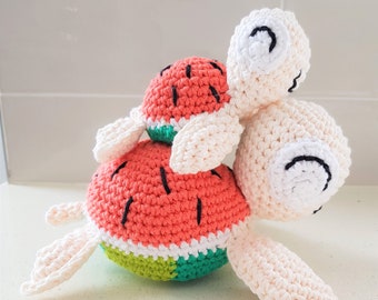 Hand Crocheted Mum and Baby Watermelon Turtles | Turtle Stuffed Animal | Turtle Plush | Amigurumi Turtle | Baby Shower Gifts | Gift For Kids