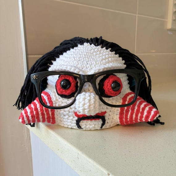 Hand Crocheted Billy Puppet Glasses Holder | Saw Horror Movie Eyeglass Stand | Creepy Halloween Gift Decor
