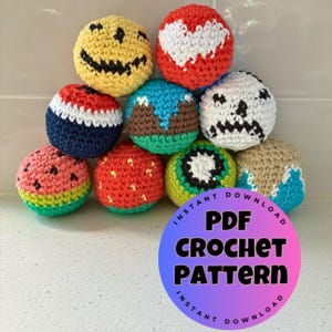 Paquete de patrones de Hacky Sacks de ganchillo: conjuntos de frutas, naturaleza y estados de ánimo.