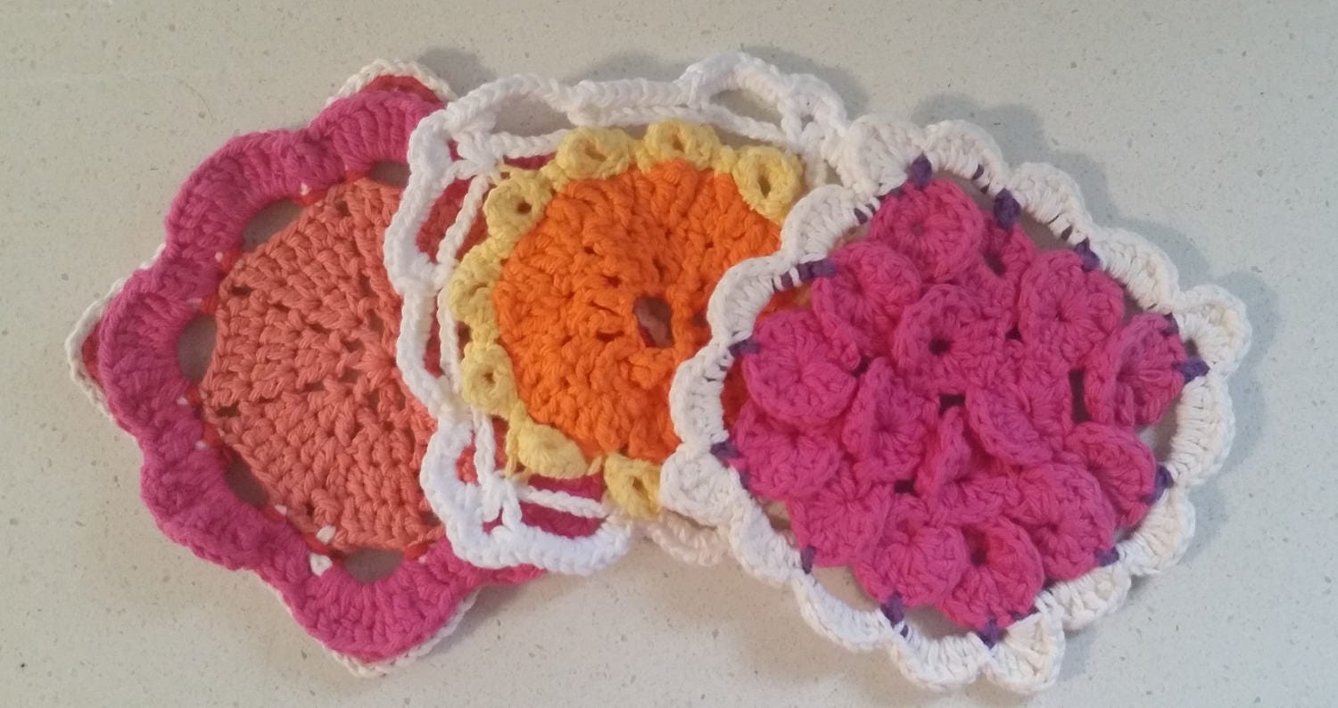 Hand Crocheted Set of 3 Floral Dishcloths