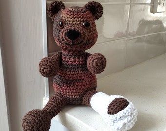 Hand Crocheted Broken Leg Teddy Bear Get Well Soon Gift | Broken Leg Ornament | Leg Gift | Doll With Casts | Walking Cast | Medical Gift