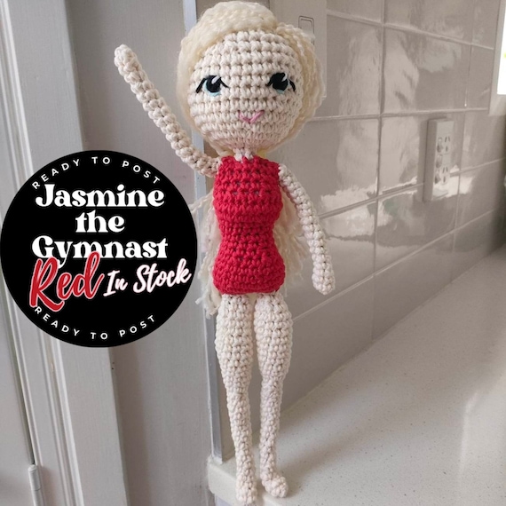 Hand Crocheted Gymnast Doll: Jasmine in Red Leotard