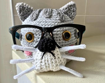 Hand Crocheted Cat Glasses Holder - 1 in Stock, Cute Eyeglass Stand, Kids Desk Organizer, Fun Gift for Kids