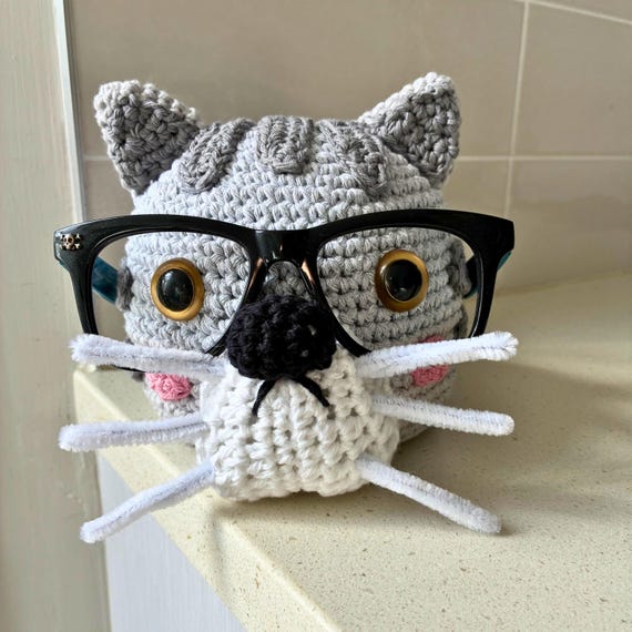 Hand Crocheted Cat Glasses Holder - 1 in Stock, Cute Eyeglass Stand, Kids Desk Organizer, Fun Gift for Kids