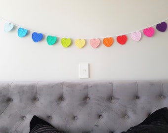 Hand Crocheted Heart Bunting Nursery Decor | Hanging Wall Hearts | Hearts Banner | Pastel Rainbow Heart Garland | Heart Bunting