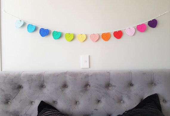Hand Crocheted Heart Bunting Nursery Decor | Hanging Wall Hearts | Hearts Banner | Pastel Rainbow Heart Garland | Heart Bunting