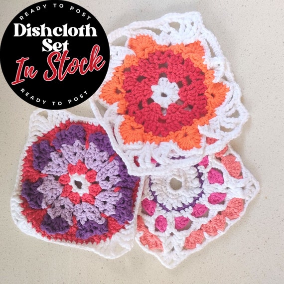Hand Crocheted Set of 3 Retro Vintage Floral Dishcloths - 1 set in stock