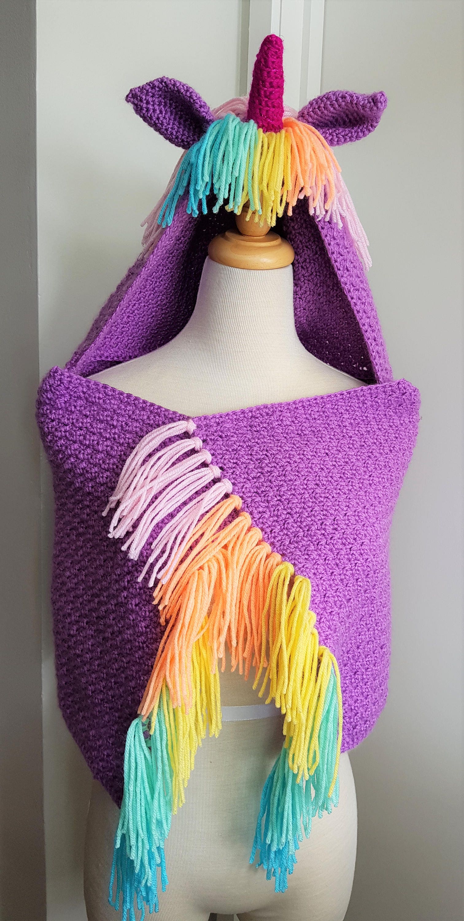 Hand Crocheted Hooded Unicorn Baby Blanket