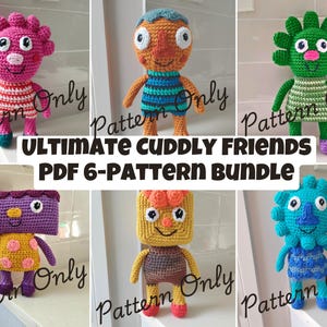 May include: Six handmade crochet dolls in various colours and designs. Each doll has a unique appearance, with different patterns and features. The image includes the text "ULTIMATE CUDDLY FRIENDS PDF 6-PATTERN BUNDLE".