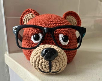 Hand Crocheted Bear Glasses Holder - 1 in Stock, Cute Eyeglass Stand, Kids Desk Organizer, Fun Gift for Kids