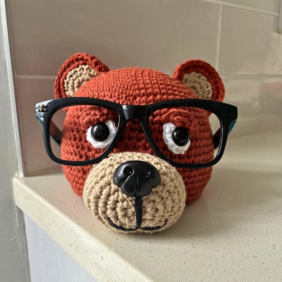 Hand Crocheted Bear Glasses Holder - 1 in Stock, Cute Eyeglass Stand, Kids Desk Organizer, Fun Gift for Kids