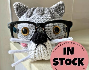 Hand Crocheted Cat Glasses Holder – Desk Organizer, Bookend