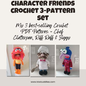 Può includere: Un set di tre bambole all'uncinetto con il testo CHARACTER FRIENDS CROCHET 3-PATTERN SET. My 3 best-selling Crochet PDF Patterns - Chef Clatterpan, Riff Raff & Ziggy. Le bambole includono una figura dai capelli rossi, uno chef e una creatura blu.