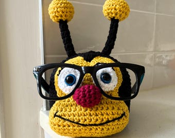 Hand Crocheted Bumble Bee Glasses Holder - 1 in Stock, Cute Eyeglass Stand, Kids Desk Organizer, Fun Gift for Kids
