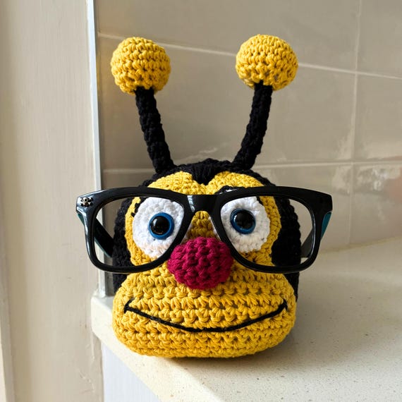 Hand Crocheted Bumble Bee Glasses Holder: Kids Desk Organizer