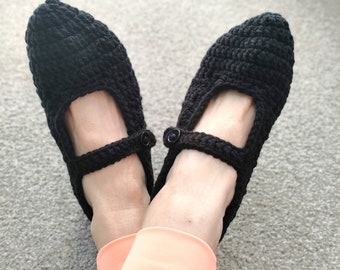 Hand Crocheted Adult Mary Jane Slippers | Women Mary Janes  T-Strap Black | Stylish Ballet Flats Choose Of Colours | Ballet Shoes