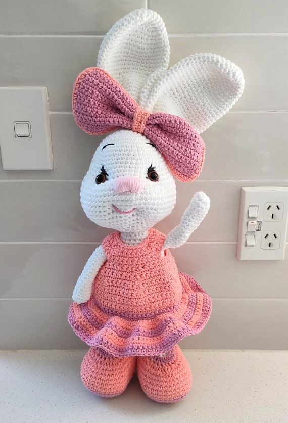 Hand Crocheted Bunny Doll: Belle, Pink Dress, 22-Inch Textile Toy
