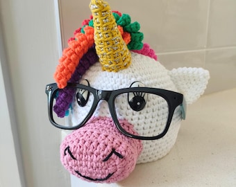 Hand Crocheted Unicorn Glasses Holder - 1 in Stock, Cute Eyeglass Stand, Kids Desk Organizer, Fun Gift for Girls, Crochet Glasses Holder