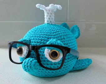 Hand Crocheted Blue Whale Glasses Holder - 1 in Stock, Cute Eyeglass Stand, Kids Desk Organizer, Fun Gift for Kids