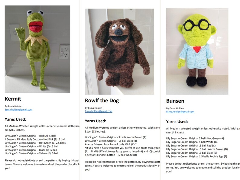 Crochet Muppets Pattern Bundle PDF | Animal, Chef, Gonzo, Kermit, Rowlf ...