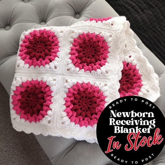 Hand Crocheted Granny Square Baby Blanket: Pink & White Acrylic
