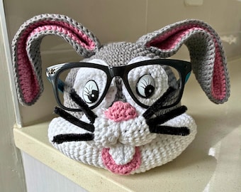 Hand Crocheted Bunny Glasses Holder - 1 in Stock, Cute Eyeglass Stand, Kids Desk Organizer, Fun Gift for Kids