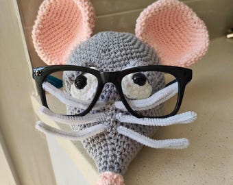 Hand Crocheted Mouse Glasses Holder - 1 in Stock, Cute Eyeglass Stand, Kids Desk Organizer, Fun Gift for Girls, Crochet Glasses Holder
