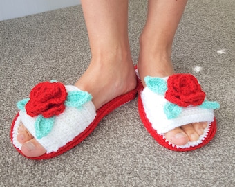 Hand Crocheted Rose Slippers