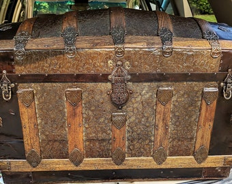 Rare Antique Zinc & Brass Travel Trunk Tropical Travel 