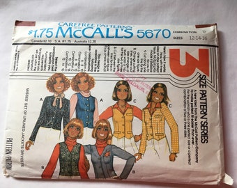 Vintage 1970's McCalls Jackets & Vests Sewing Pattern