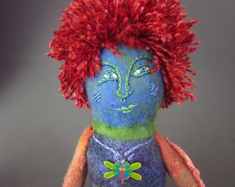 Handmade Art Doll -- wet felted Merino wool  and recycled fabric -- one of a kind