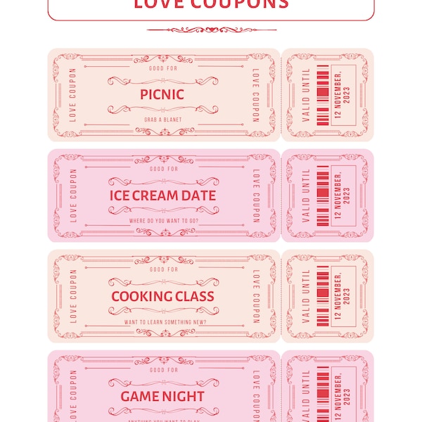 Minimalist Love Coupons, Printable Personalized Love Coupon Book for Him & Her, Editable Couple Coupons Template, Romantic Valentine Gift